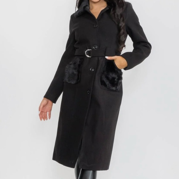Jackets & Blazers - 7. COST🛑Black faux fur pocketed peacoat belted pockets coat jacket